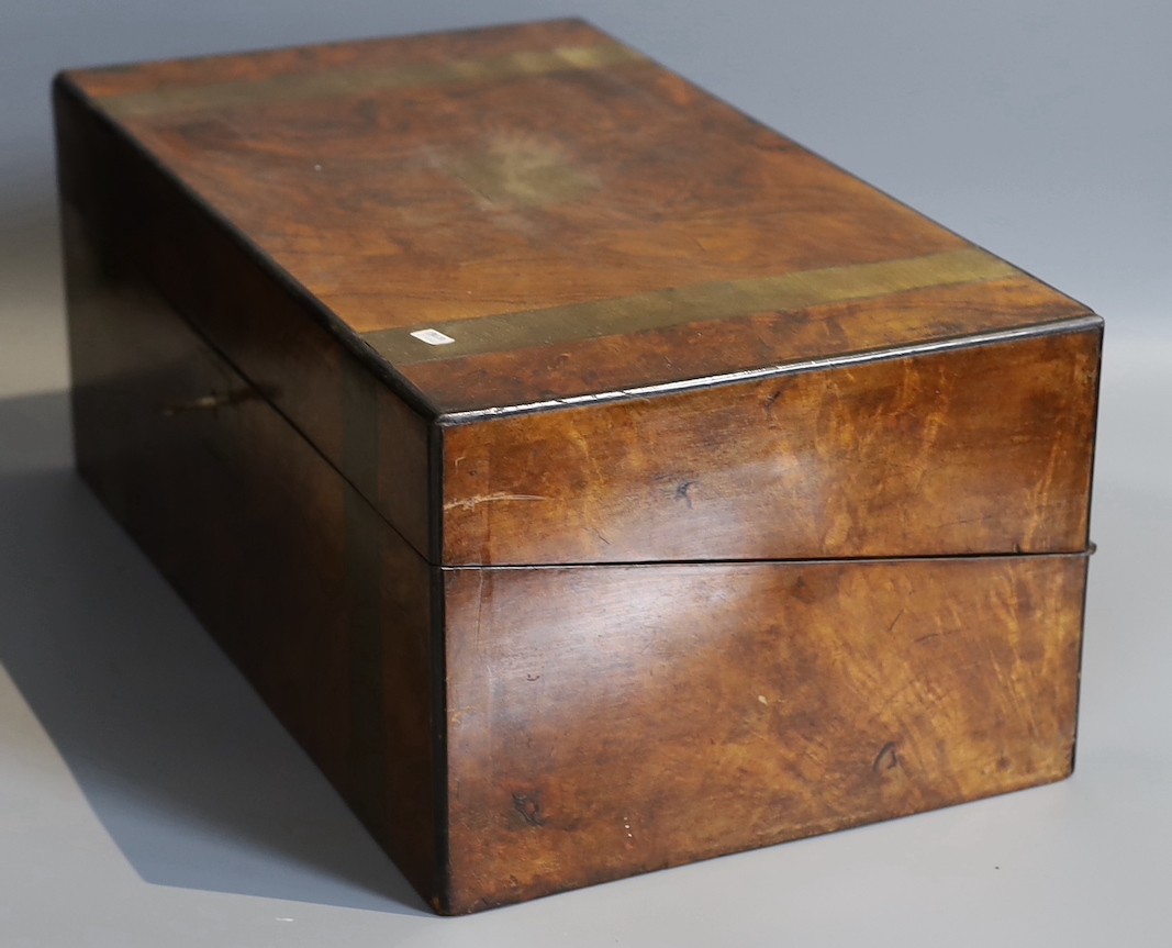 A Victorian brass mounted figured walnut writing slope, width 45cm